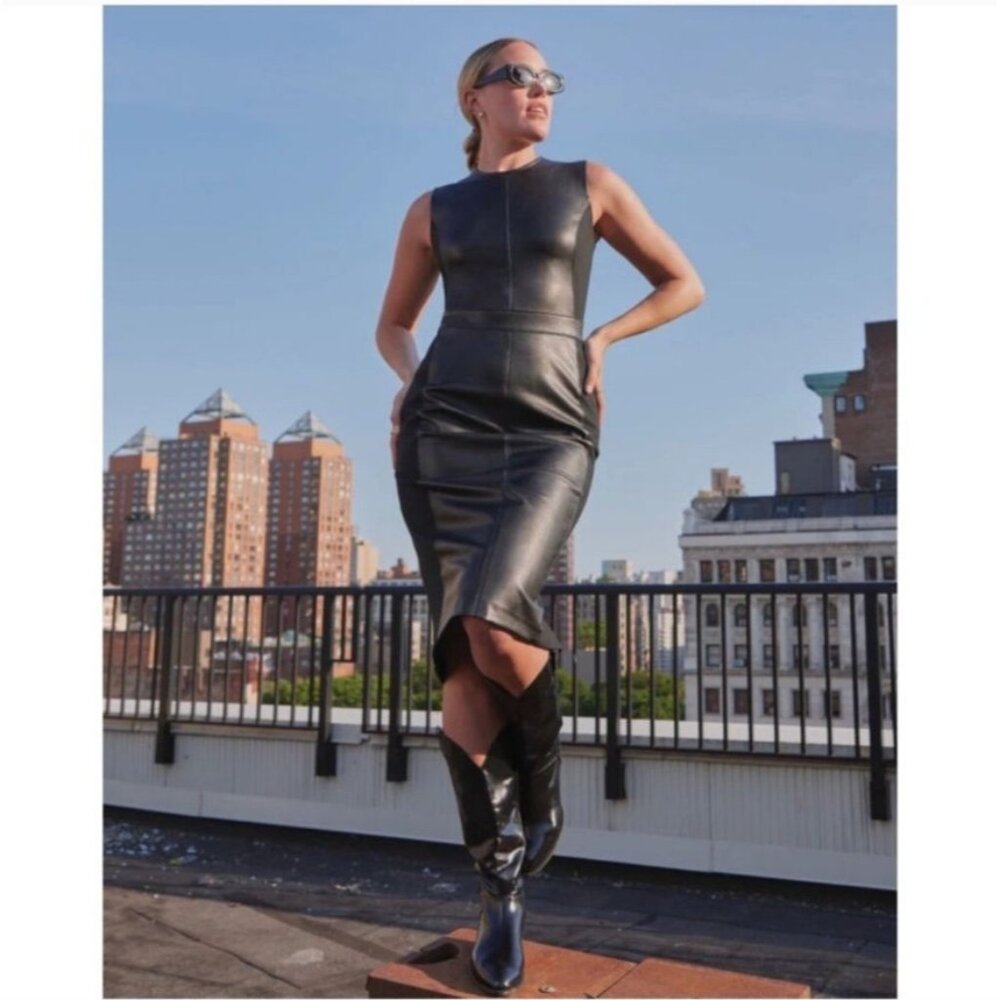 SPANX Dress Black Leather Like Combo Fitted M Delux Sheath Sleeveless 2039 NEW